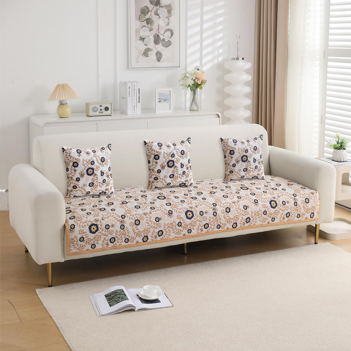 3 Seater Light Peach Candytuft  Printed quilted sofa cover