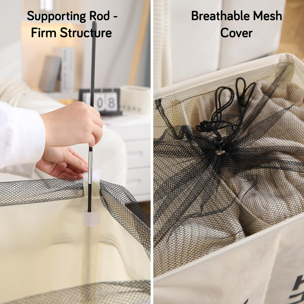 Large Laundry Basket Foldable Hamper With Wheels, Cream
