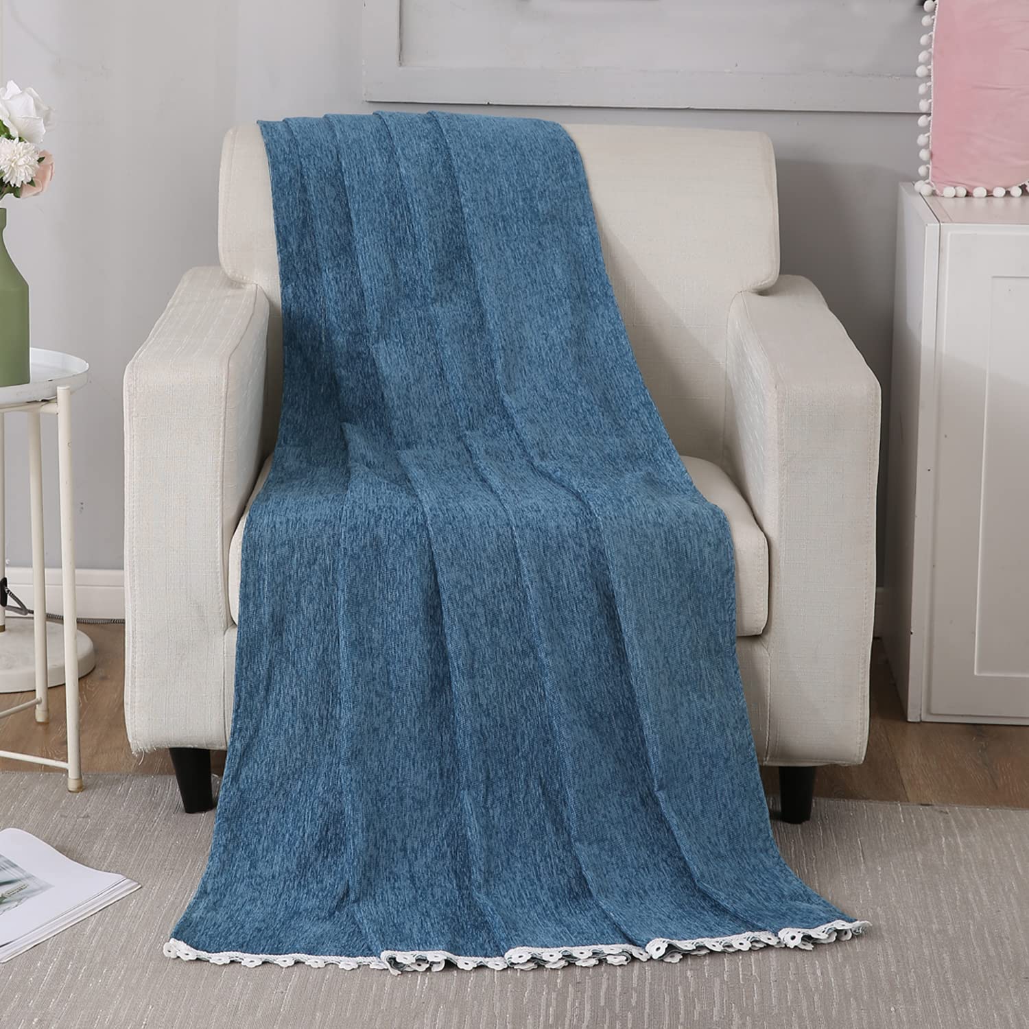 Blue chenille sofa throws, machine washable, & available for 1, 2, 3 seater sofas
