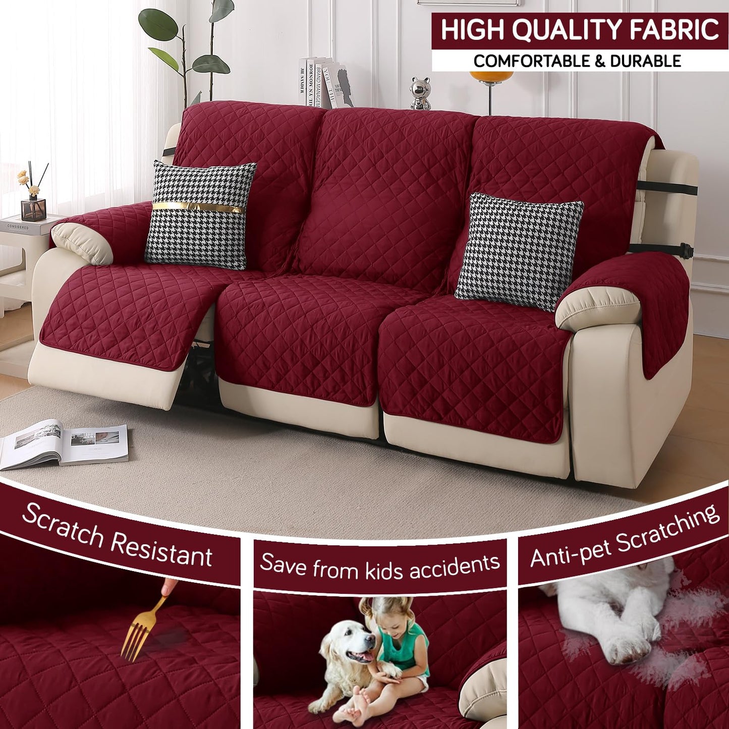 UrbanQuilt Recliner Sofa Slipcover Mat with Dual Belt for 1/2/3 Seater - Maroon