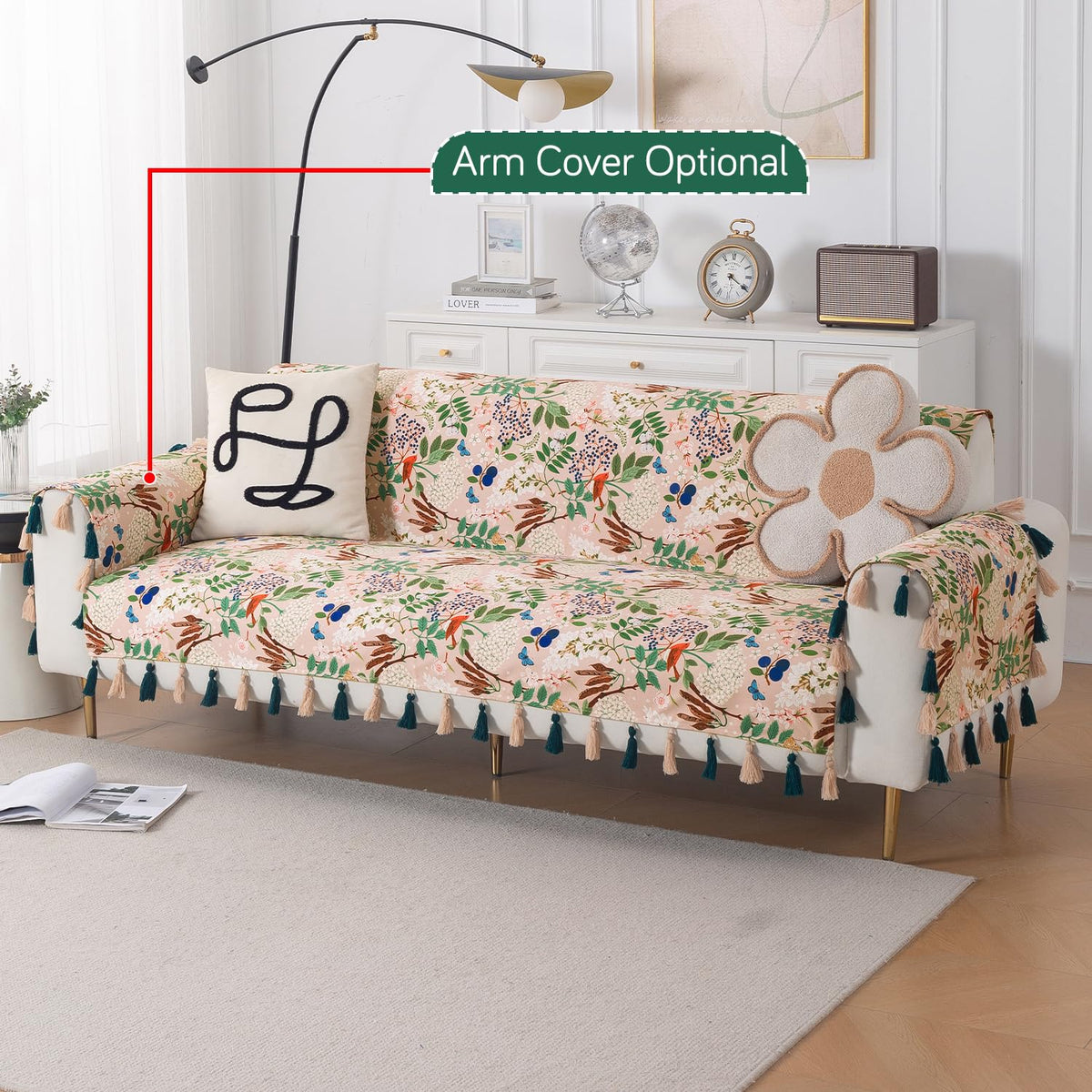 'Whispers of Nature' Series Holland Velvet Sofa Cover with Tassel, Beige Woodland Bloom