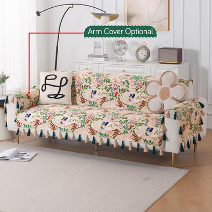 'Whispers of Nature' Series Holland Velvet Sofa Cover with Tassel, Beige Woodland Bloom