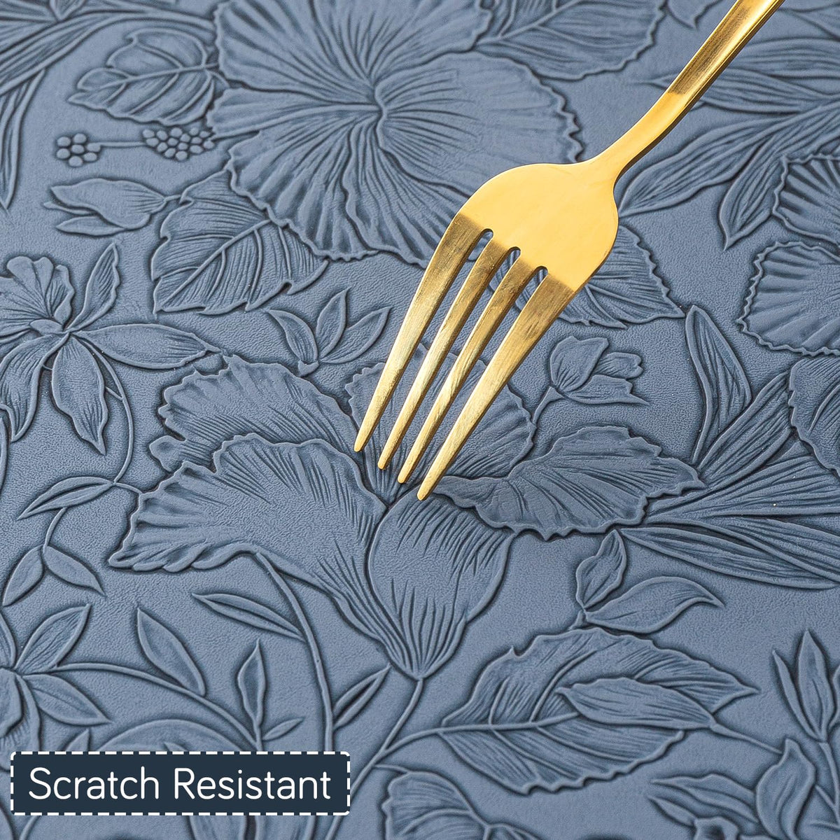 Hibiscus Bloom Washable Leather Mats for Dining Table - Navy Blue