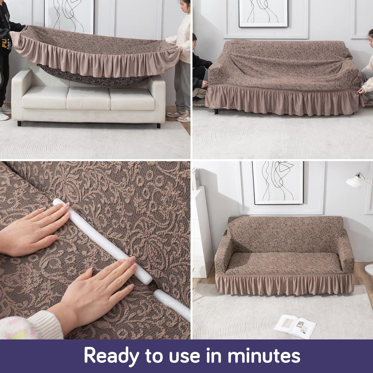 Elastic Stretchable Designer Woven Jacquard Sofa Cover with Frill, Light Taupe