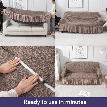 Elastic Stretchable Designer Woven Jacquard Sofa Cover with Frill, Light Taupe