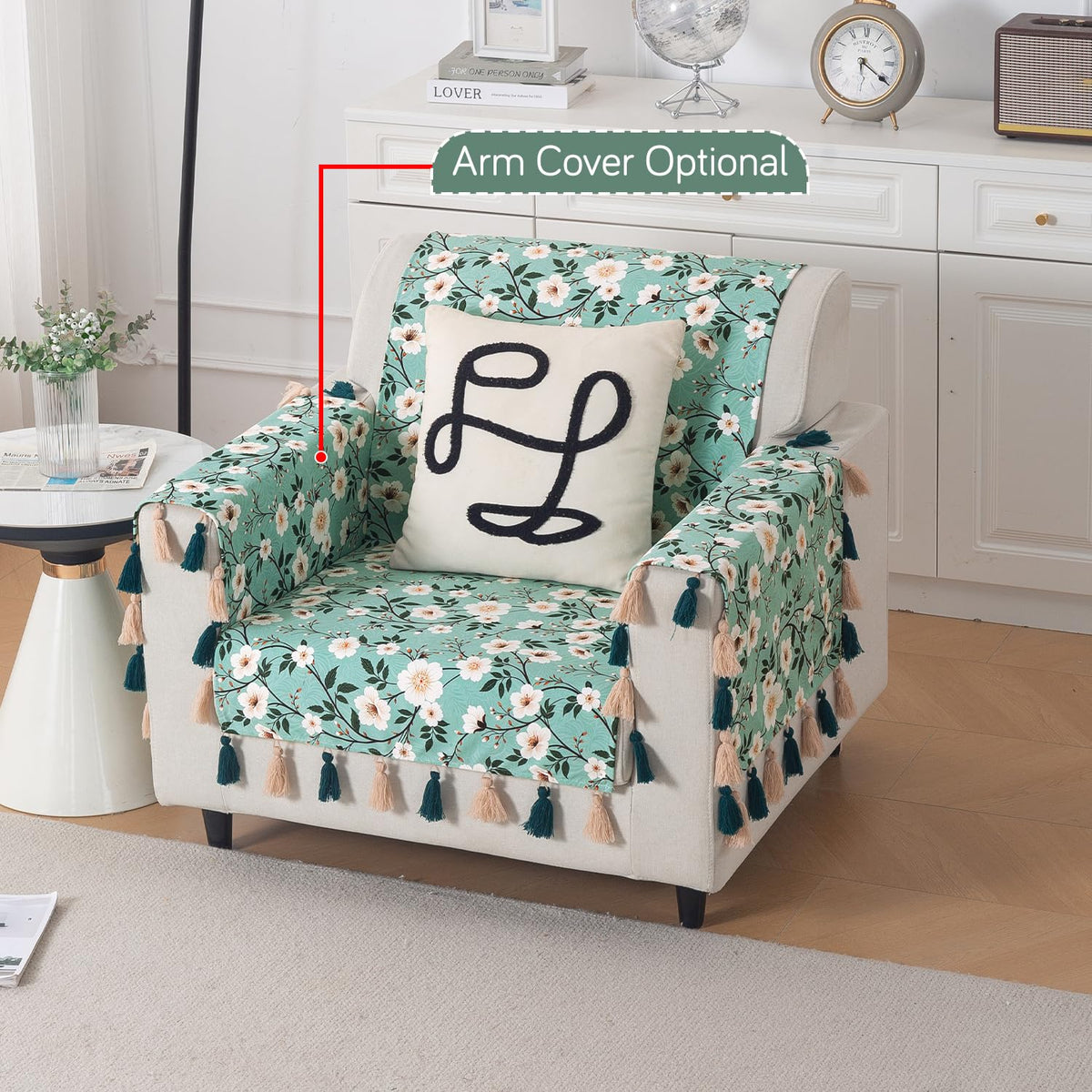 'Whispers of Nature' Series Holland Velvet Sofa Cover with Tassel, Sage Floral Vine