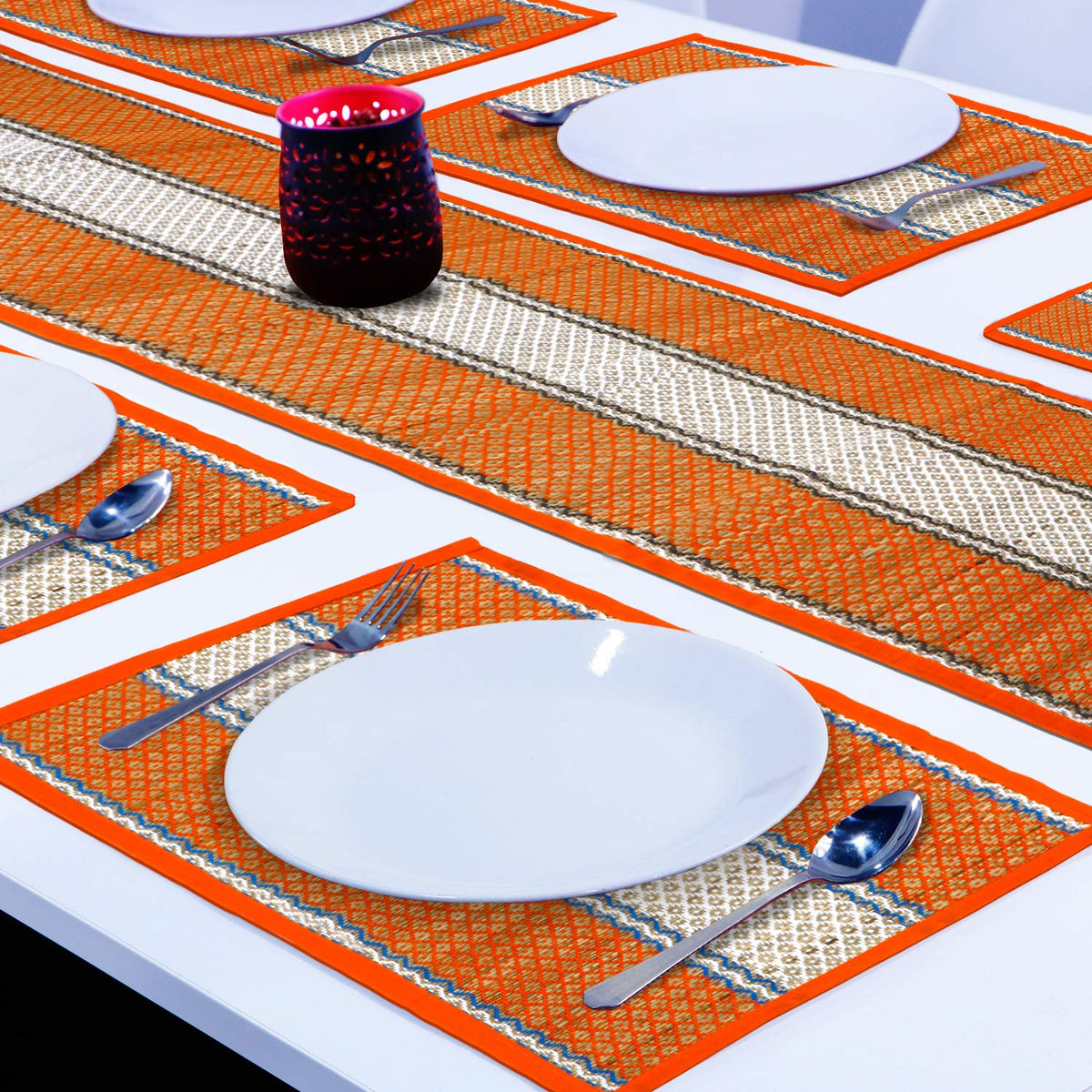 Handmade Madurkathi River Grass Dining Table Mats, Orange