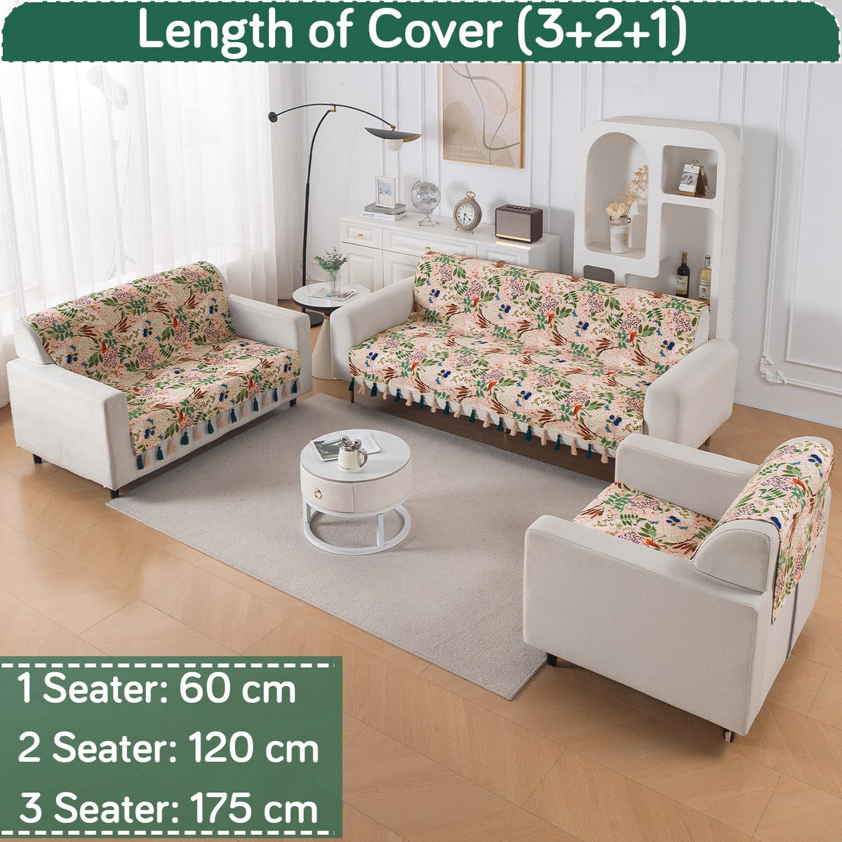 'Whispers of Nature' Series Holland Velvet Sofa Cover with Tassel, Beige Woodland Bloom