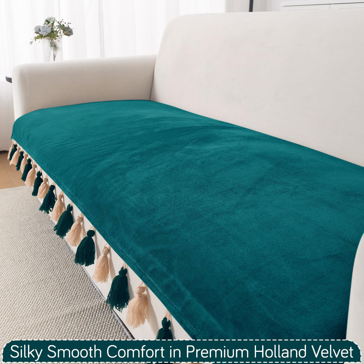 Premium Holland Velvet 5-Seater Sofa Cover (3+1+1), TasselTone Series | Teal