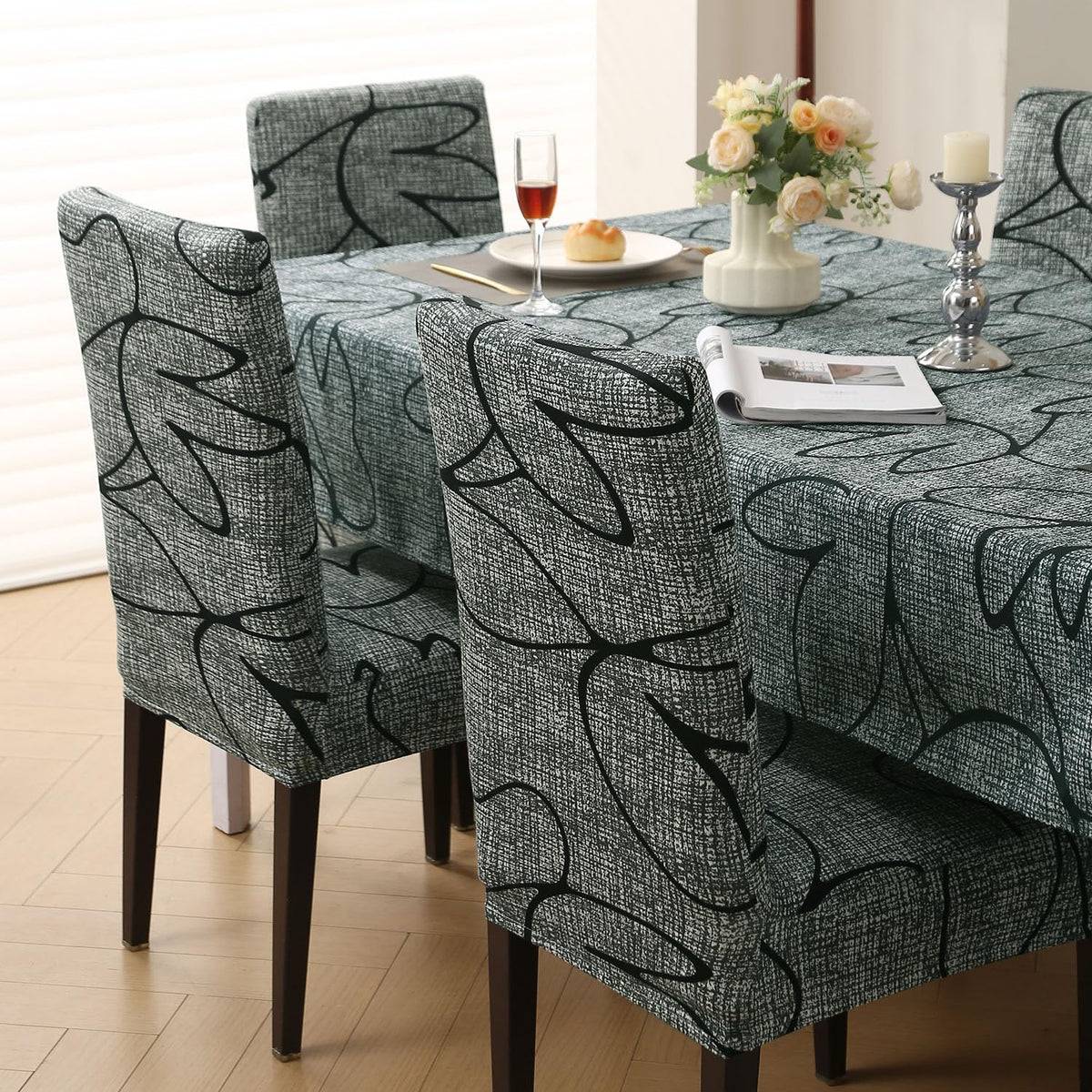 Elastic Dining Chair Covers with Matching Tablecloth, Intense Grey Abstract Floral