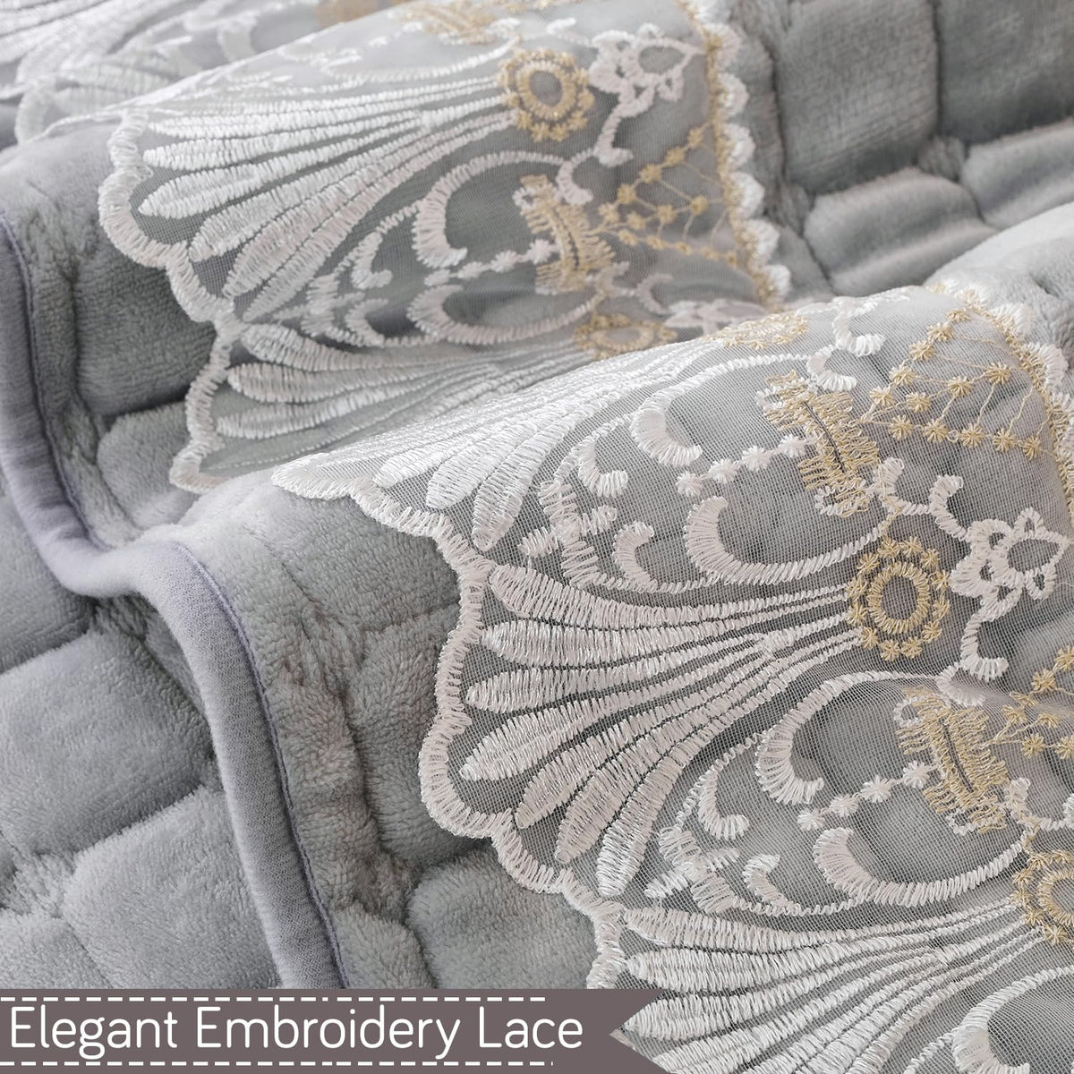 BelleLace Series Imperial Milk Velvet Sofa Cover Mat with Lace Design - Cloud Grey