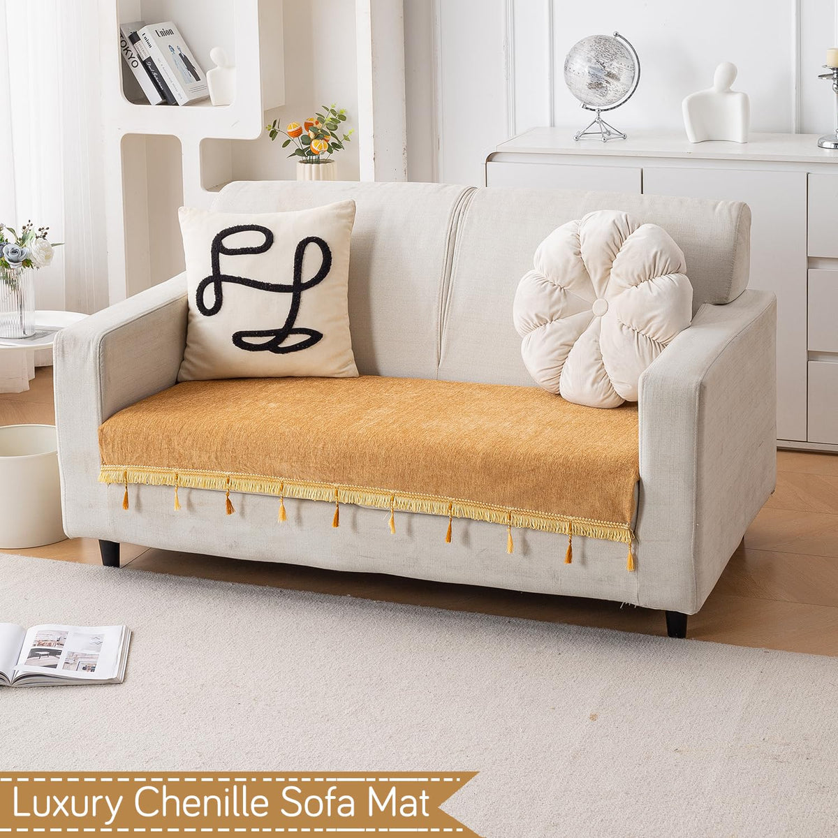 Serenity Tassel Chenille Sofa Cover with Tassel – Sunlit Amber