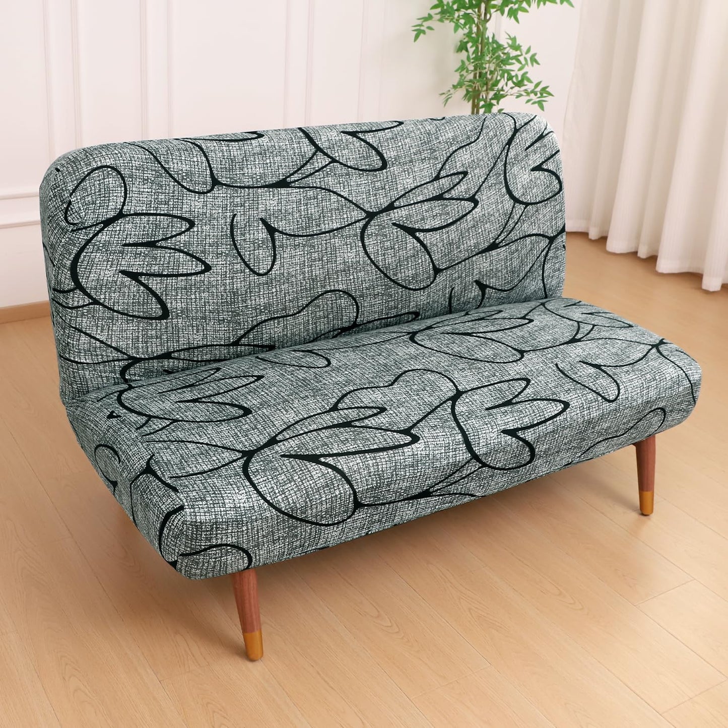 Elira Series Stretchable Elastic Armless Sofa Cover – 140 GSM, Futon Slipcover, Easy Fit, Intense Grey Abstract Floral