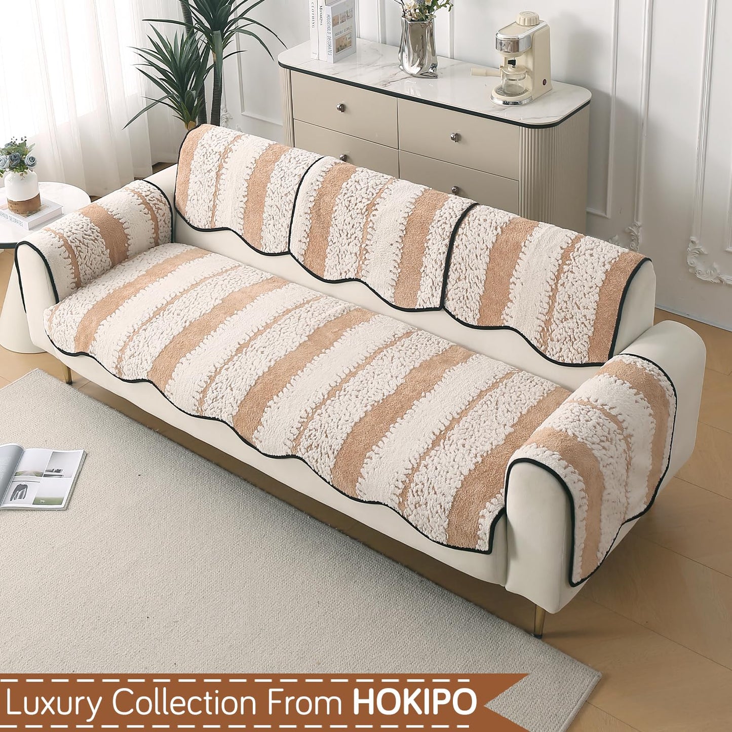 Luxury Sofa Cover Set | Seat, Back & Arm Covers | Anti-Slip Wavy Mat – Desert Brown