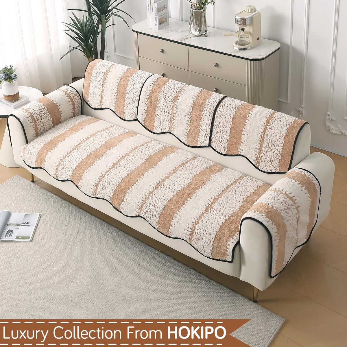 Luxury Sofa Cover Set | Seat, Back & Arm Covers | Anti-Slip Wavy Mat – Desert Brown