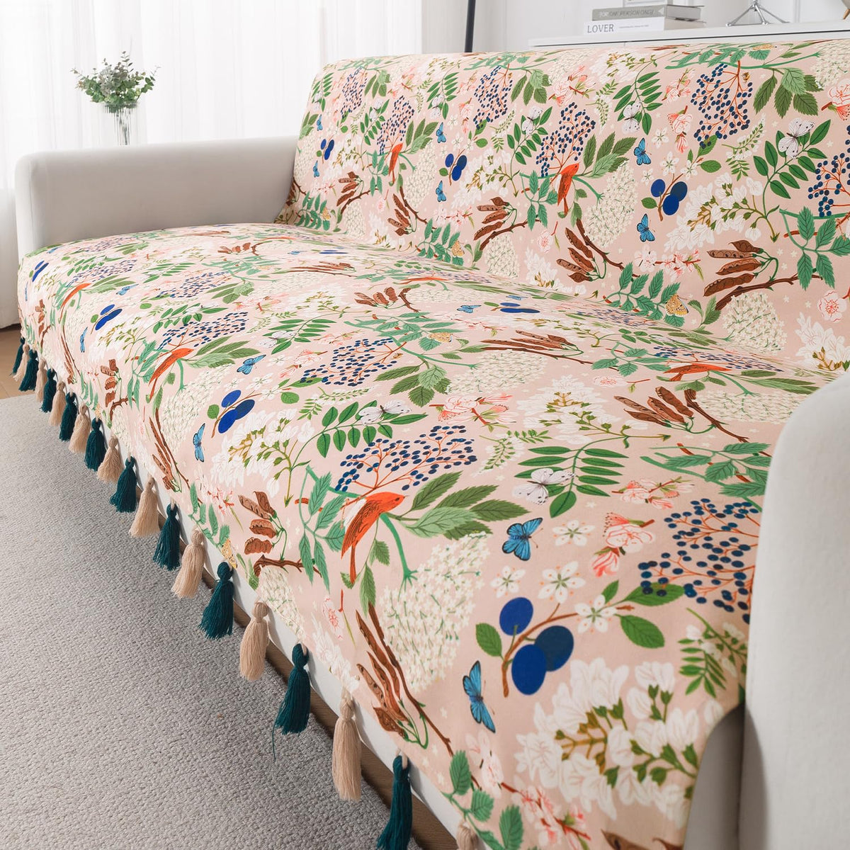 'Whispers of Nature' Series Holland Velvet Sofa Cover with Tassel, Beige Woodland Bloom