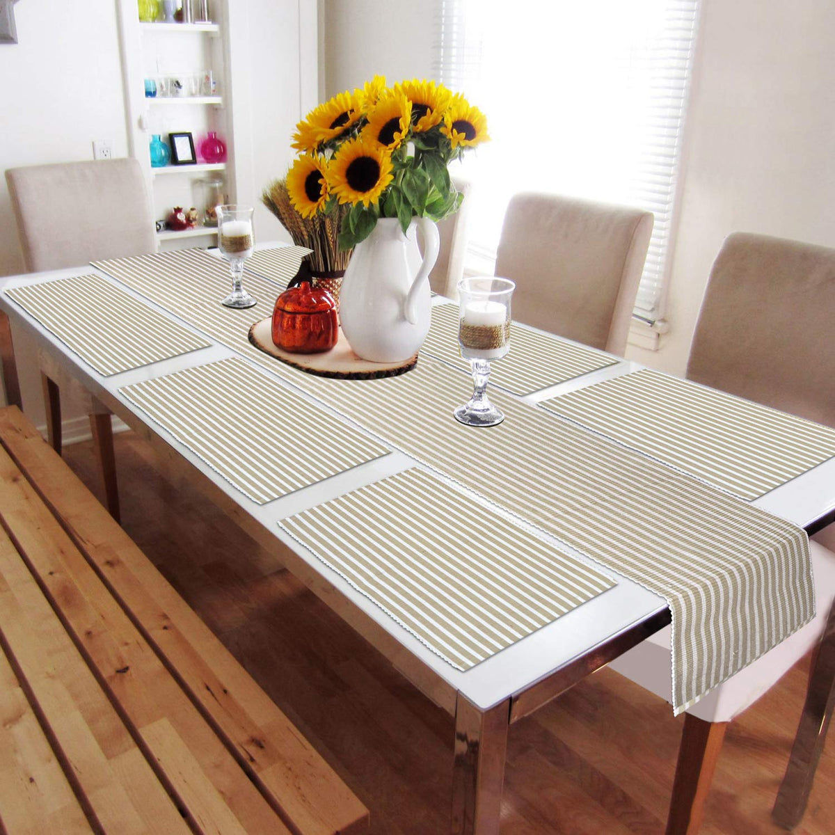 Ribbed Cotton Heat Resistant Dining Table Mat, Brown Striped