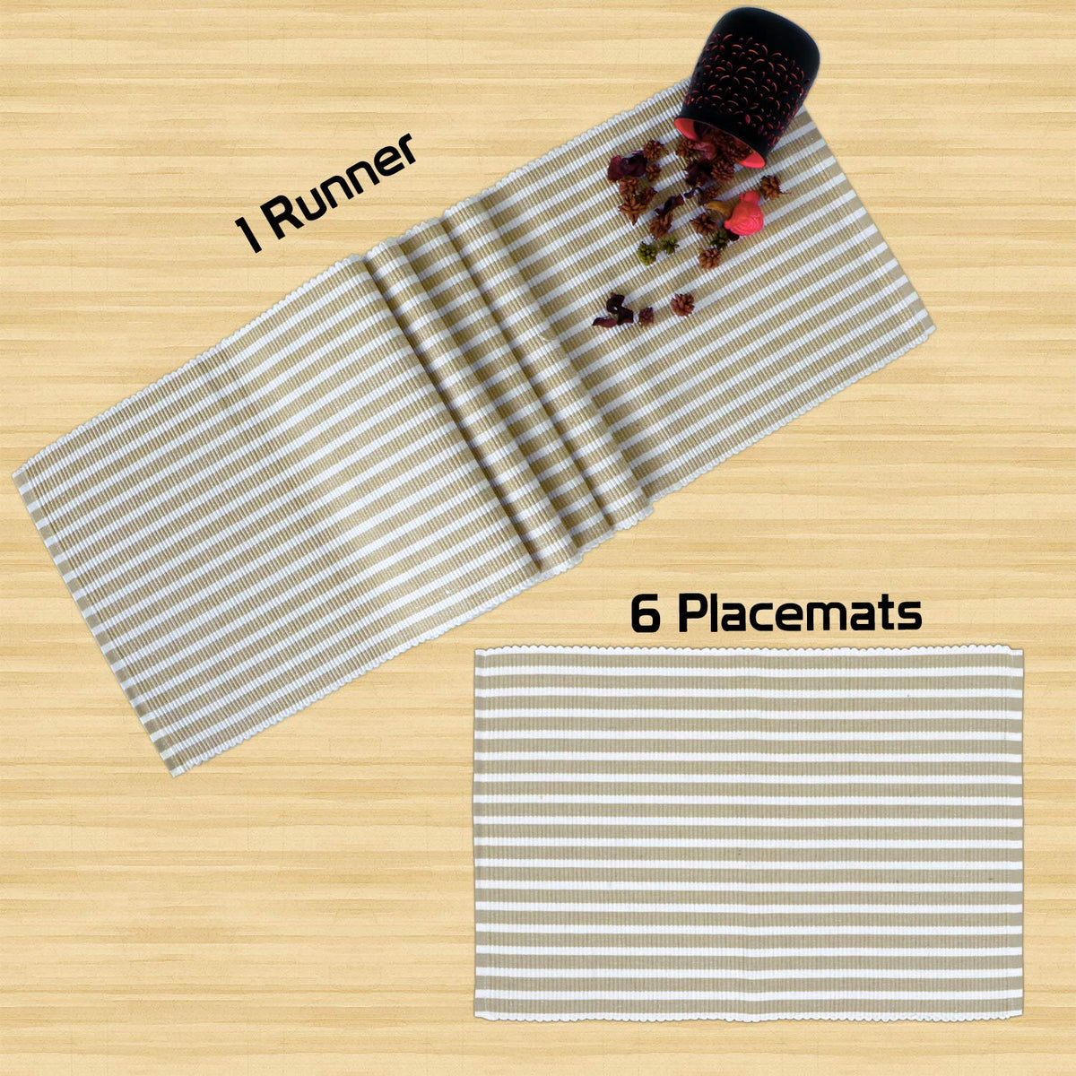 Ribbed Cotton Heat Resistant Dining Table Mat, Brown Striped
