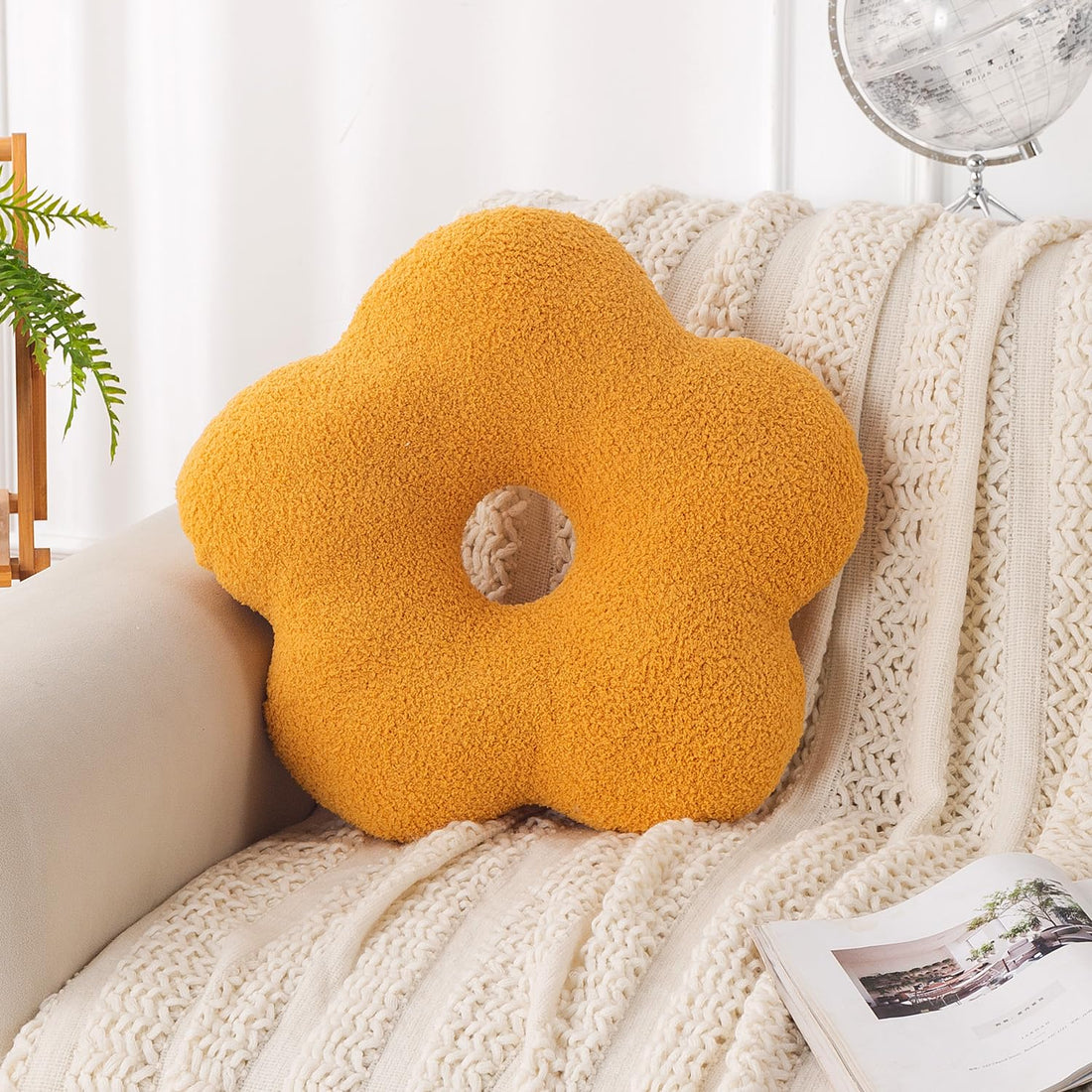 HOKIPO Flower Shaped Cushion for Sofa & Bed, 49 cm, Yellow