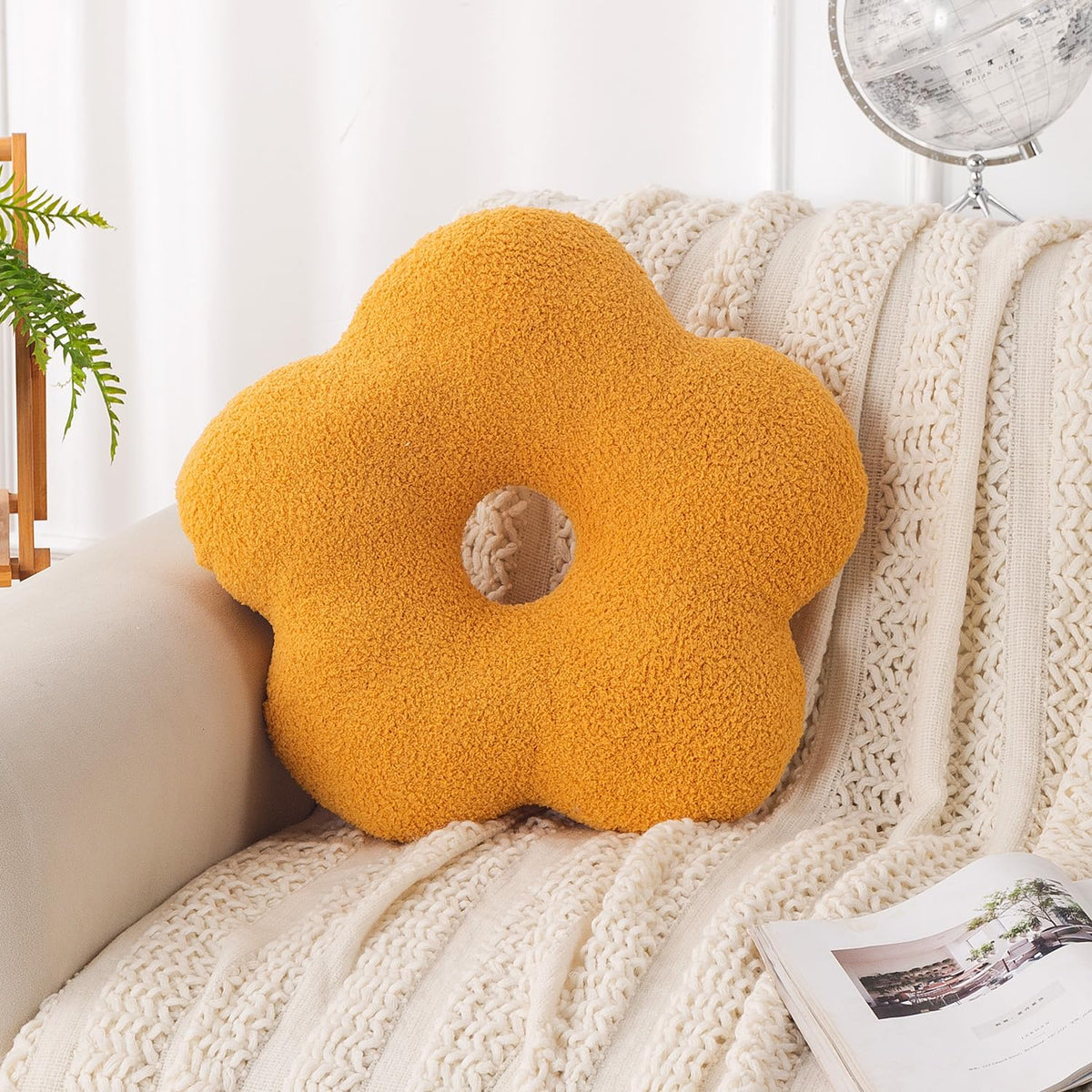HOKIPO Flower Shaped Cushion for Sofa & Bed, 49 cm, Yellow
