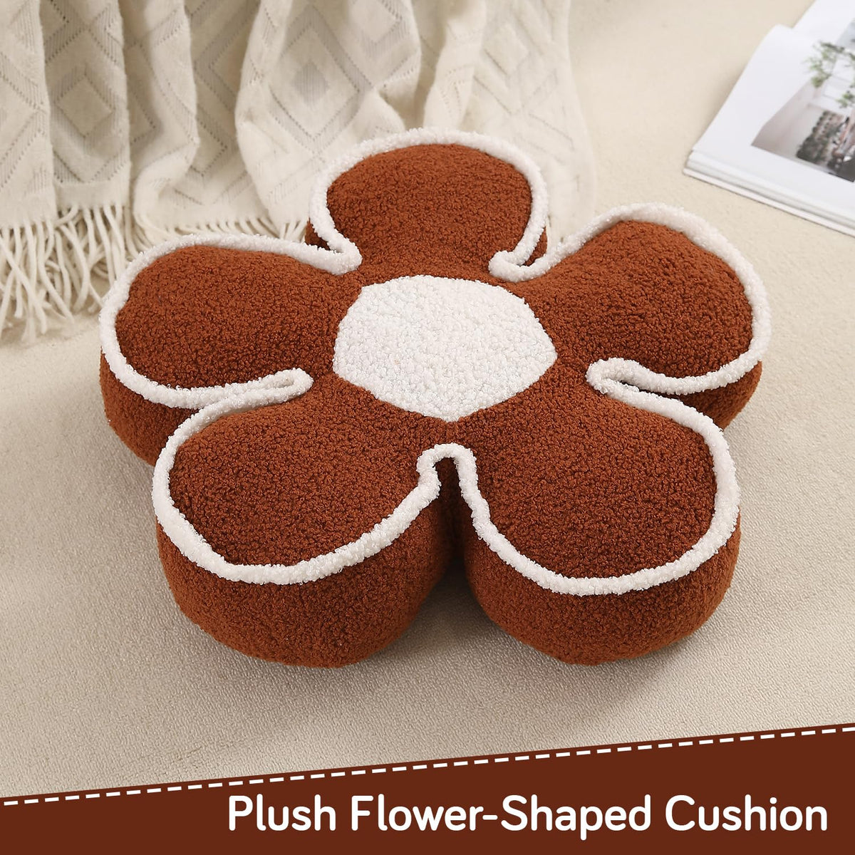 HOKIPO Plush Cotton Flower Cushion | Decorative Throw Pillow for Bed & Sofa - Brown