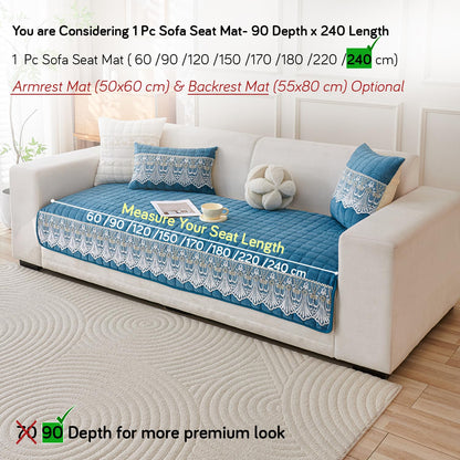 BelleLace Series Imperial Milk Velvet Sofa Cover Mat with Lace Design - Celdaon Blue