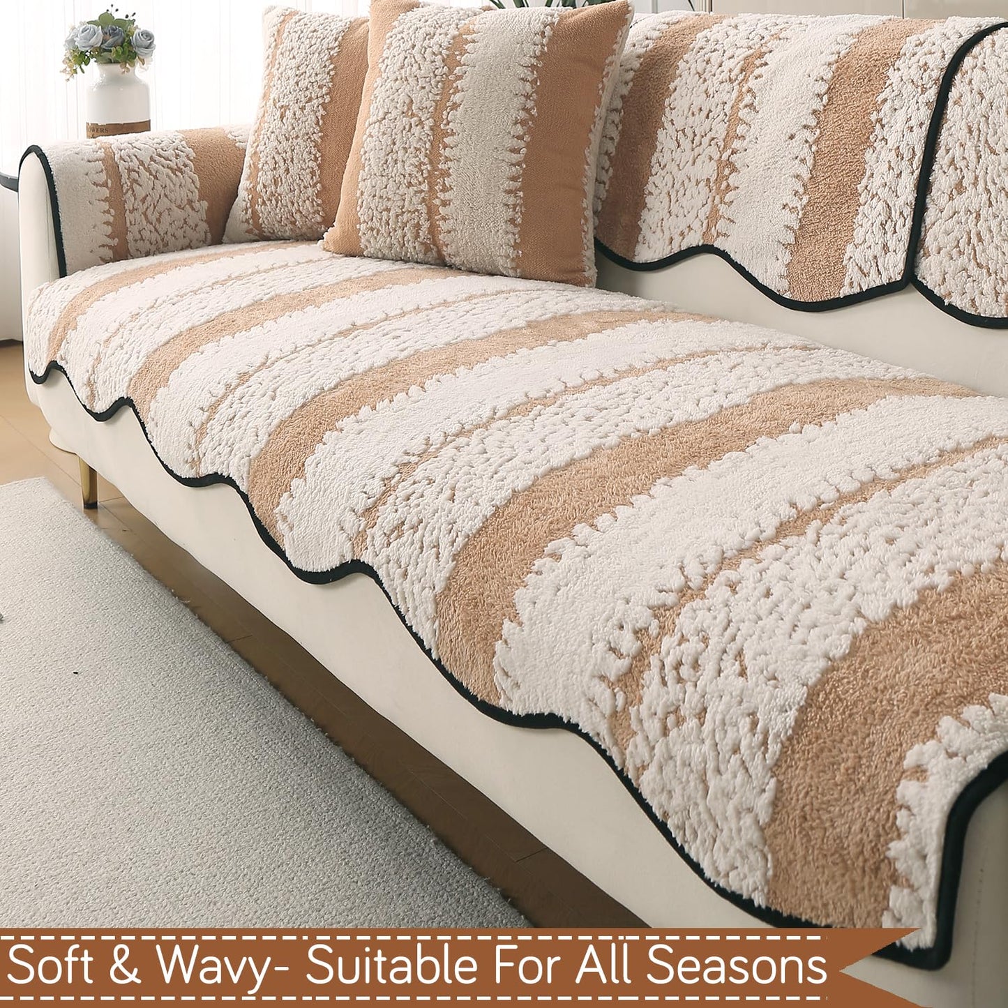 Luxury Sofa Cover Set | Seat, Back & Arm Covers | Anti-Slip Wavy Mat – Desert Brown