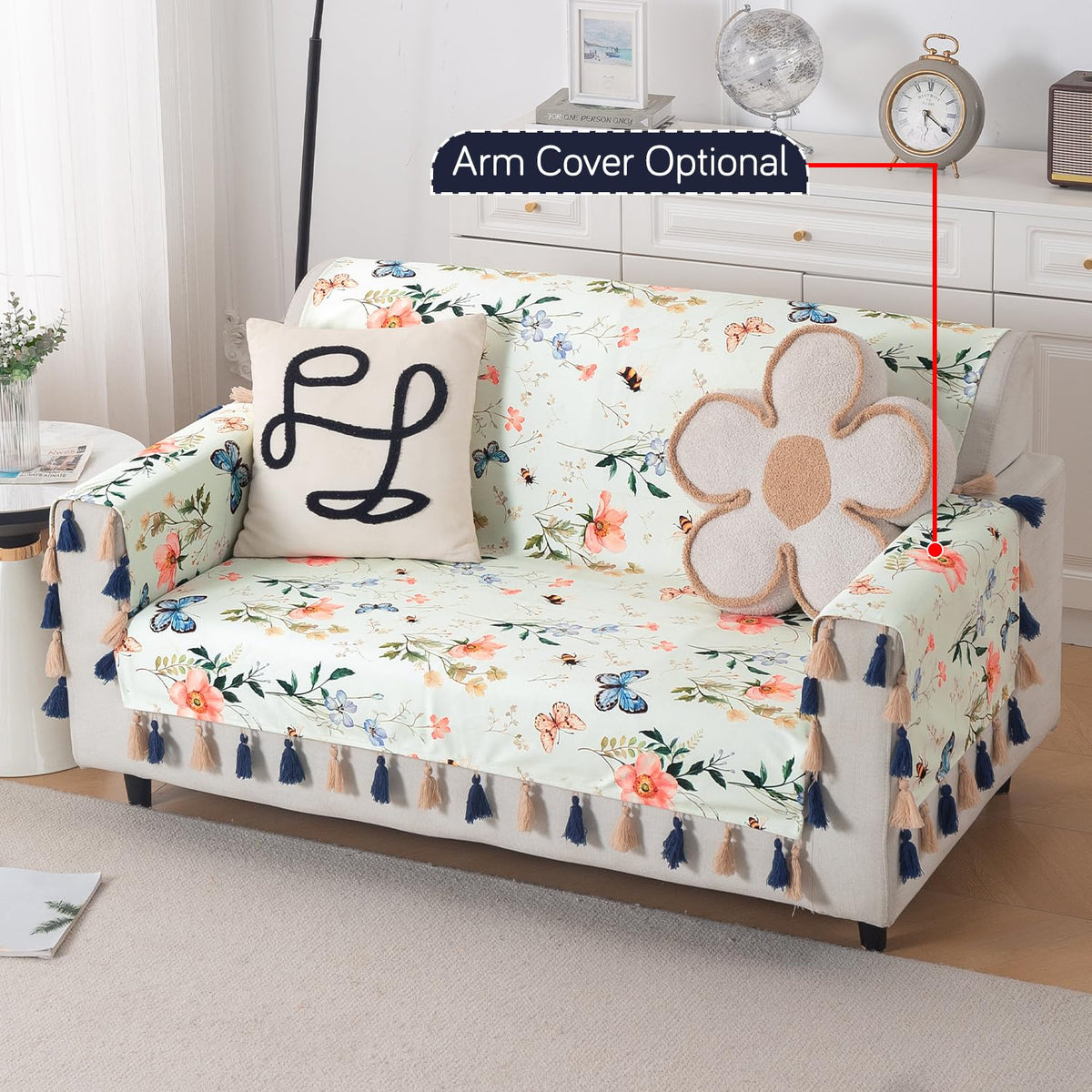 'Whispers of Nature' Series Holland Velvet Sofa Cover with Tassel, Pastel Butterfly Meadow