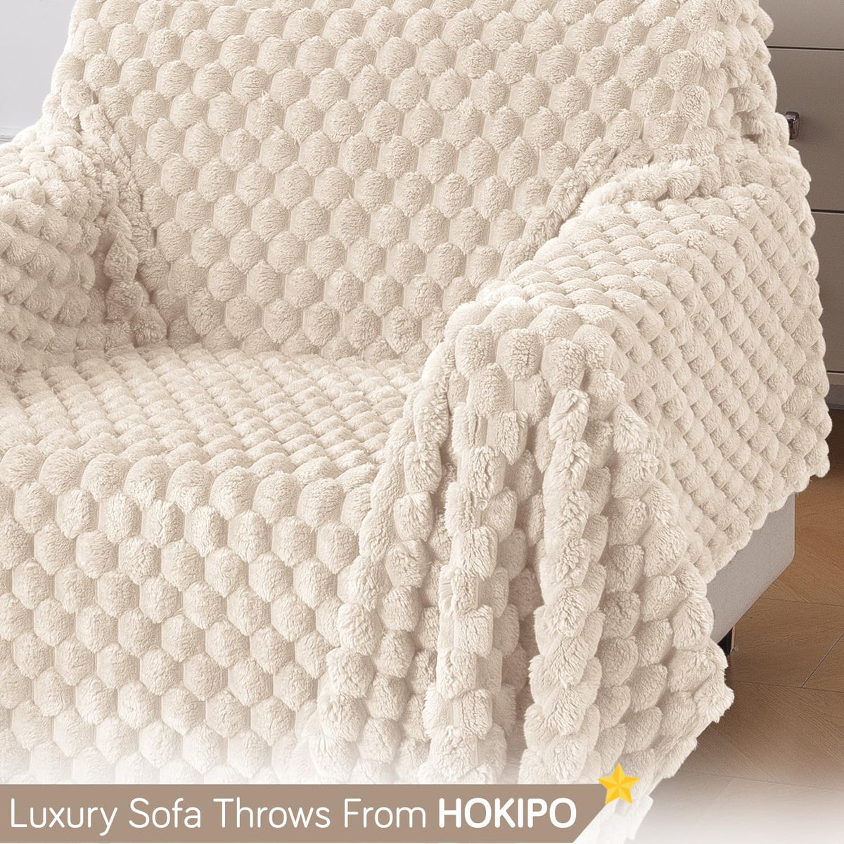 Luxury Rabbit Wool Plush Sofa Throw, Cream