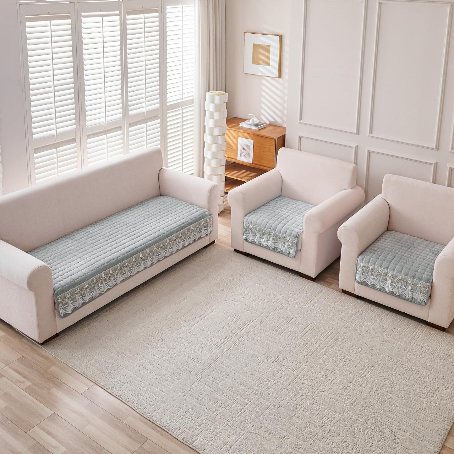 BelleLace Series Imperial Milk Velvet Sofa Cover Mat with Lace Design - Cloud Grey