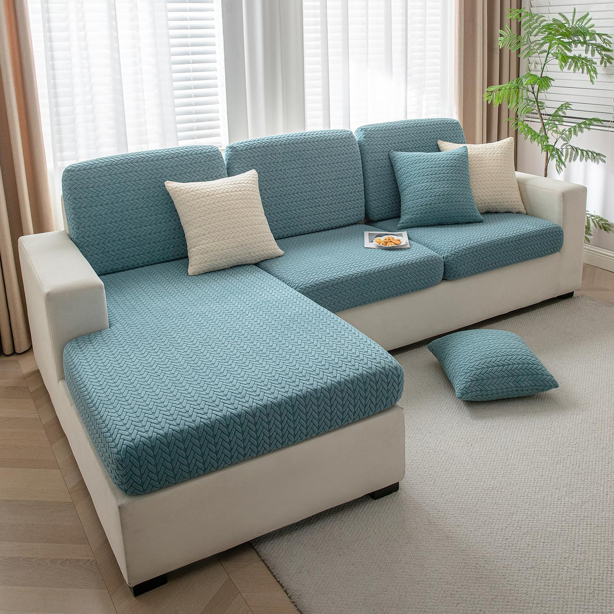 Luxurious Carolina Blue Colour Grid Jacquard Sofa Pillow Cover