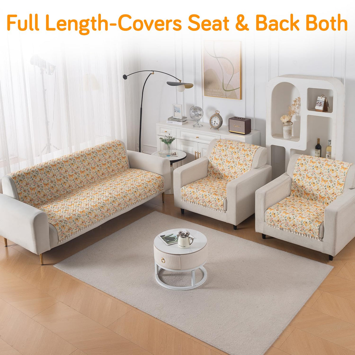 Quilted Sofa Cover 5-Seater Sofa Cover (3+1+1), Tassel Twigs | Sunlit Butterfly