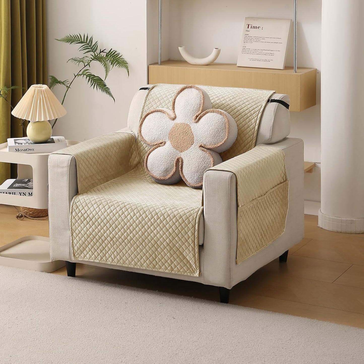 Quilted Velvet Sofa Cover Mat with Side Pockets, Pet Friendly, Natural Beige