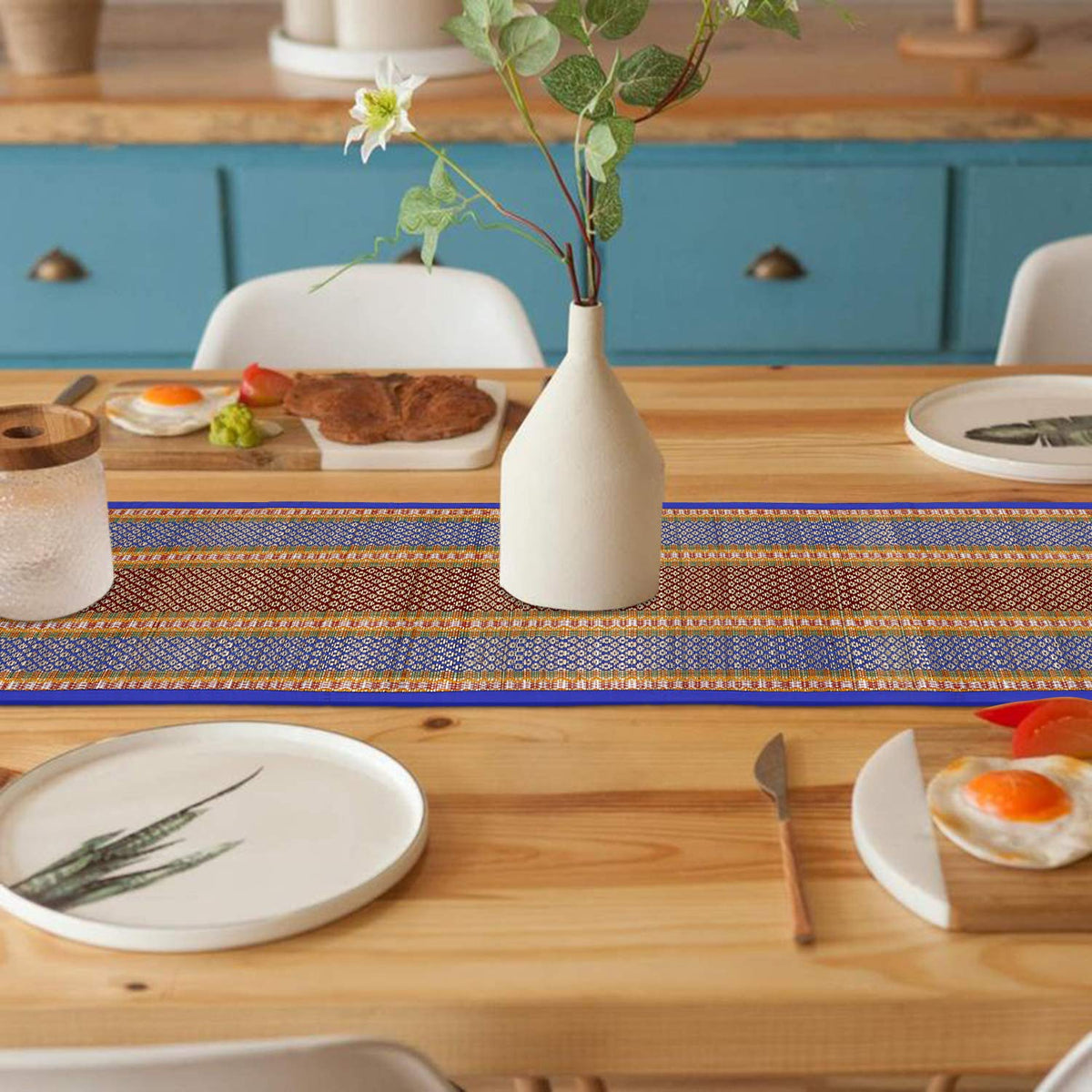Buy Blue Colour Eco-friendly Heat Resistant Handmade Madurkathi Table Runner - HOKIPO | Har Ghar ka Humsafar