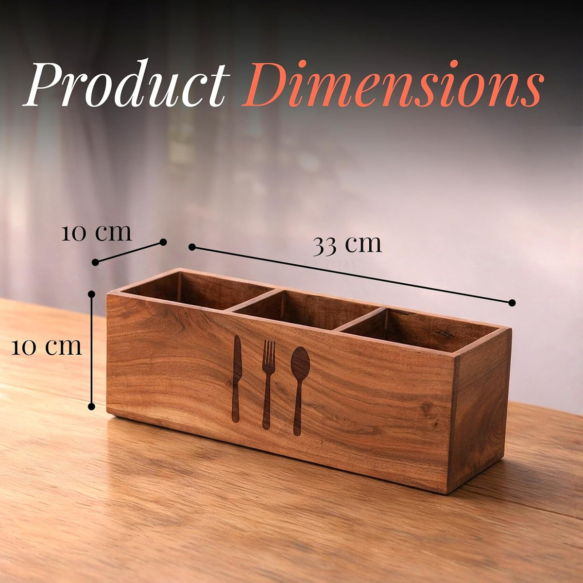 HOKIPO Arbor Acacia Wood Cutlery Holder, 3 Compartment Spoon Stand - image 5