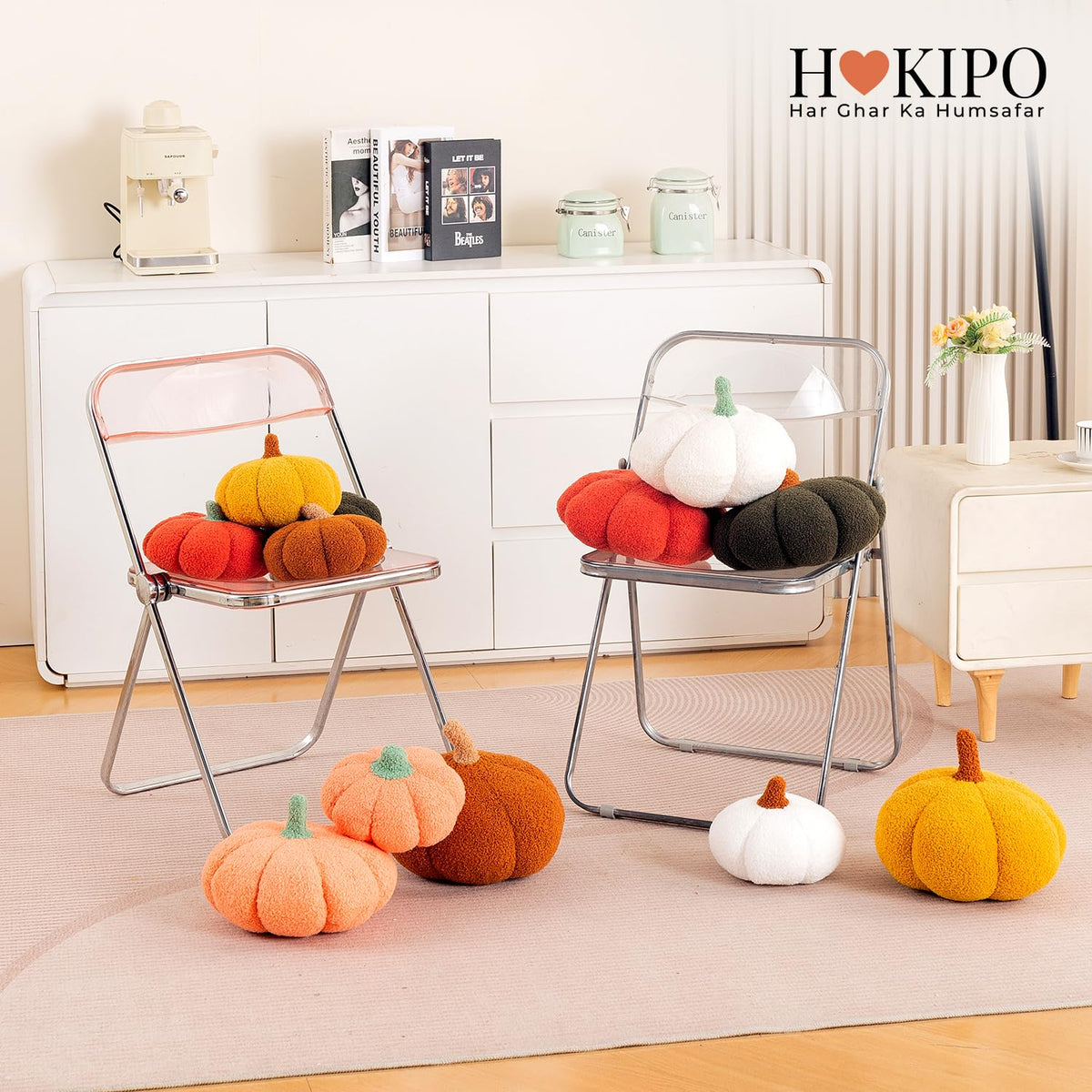 HOKIPO Pumpkin Shaped Plush Cushion for Autumn Decor, 19 cm, White