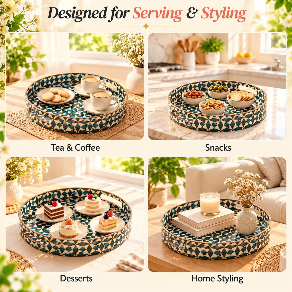 HOKIPO Round Serving Tray 12 in, Engineered Wood, Moroccan Prism - image 5