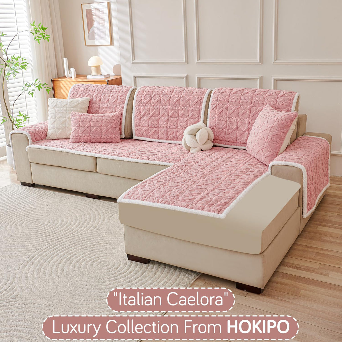 Italian Caelora Luxury Jacquard Plush L Shape Sofa Cover Seat Mat - Misty Rose