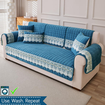 BelleLace Series Imperial Milk Velvet Sofa Cover Mat with Lace Design - Celdaon Blue