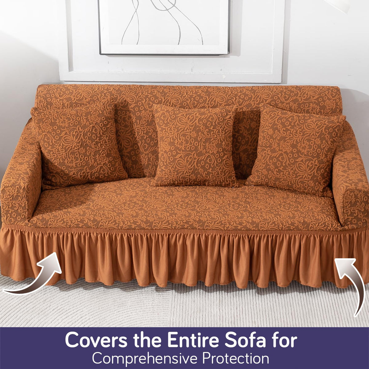 Elastic Stretchable Designer Woven Jacquard Sofa Cover with Frill, Caramel Brown