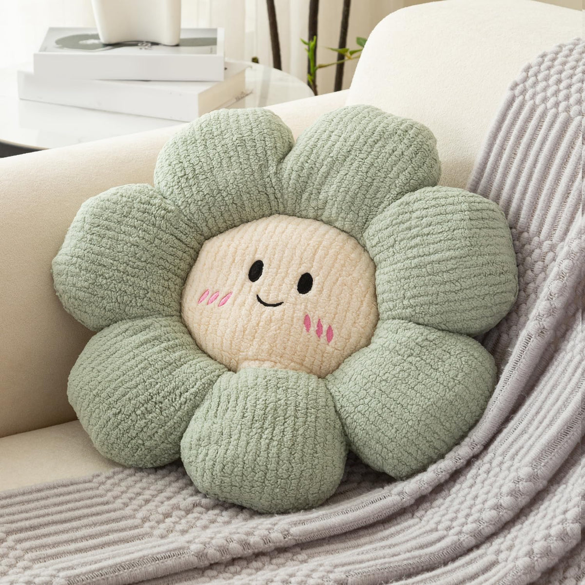 HOKIPO Cute Flower Plush Pillow | Soft Smiley Face Throw Cushion for Sofa, Couch & Bed | Fluffy Floral Pillow for Kids Room, Nursery & Home Décor | 46 cm, Sage Green (AR-6729-SGRN)
