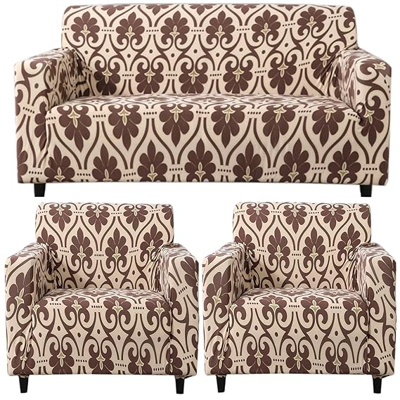Elastic Stretchable Printed Sofa Cover, Beige Damask