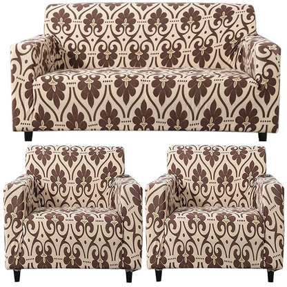 Elastic Stretchable Printed Sofa Cover, Beige Damask