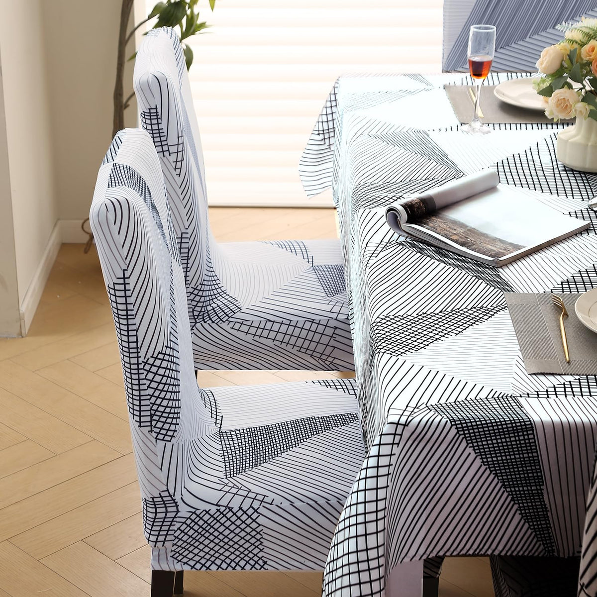 Elastic Dining Chair Covers with Matching Tablecloth, Snow White Black Geometry