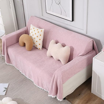 Pink colour chenille 3 seater sofa throw of size 180(D)x300(L)
