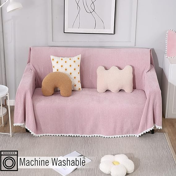 Buy Pink colour chenille sofa throw in size 180(D)x180(L) for one seater, 180(D)x230(L) for two seater, 180(D)x300(L) for 3 seater
