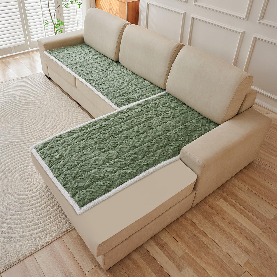Sage Green Italian Caelora Luxury Jacquard Plush L Shape Sofa Cover | HOKIPO