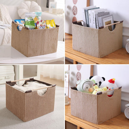 Premium Foldable Storage Bin with Wooden Handles | Corduroy Fabric Organizer Box for Wardrobe, Books, Clothes & Misc Items, Camel
