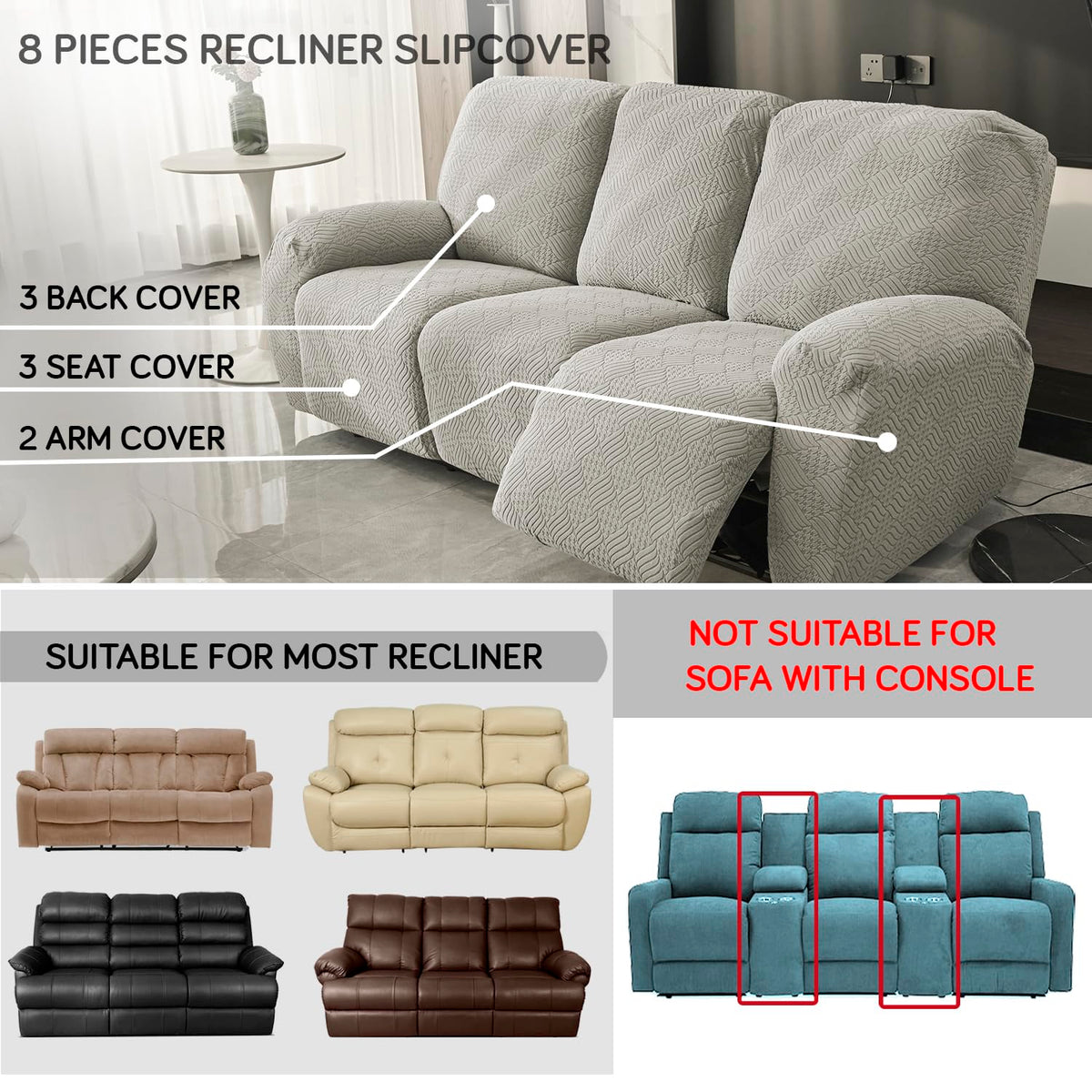 Buy Taupe Brown Colour Jacquard 8 Pieces Recliner Slipcover | HOKIPO