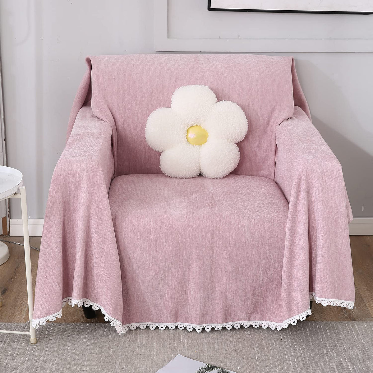 Elegant Pink colour chenille sofa throw of size 180(D)x180(L) for single seater sofa chair 
